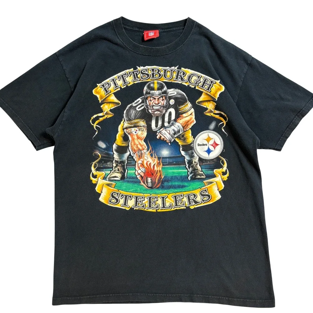 VTG NFL Pittsburgh Steelers Graphic T-Shirt Black Mens XL Football Flaming Ball